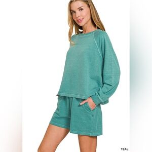 NEW ZENANA French Terry Pullover Short Lounge Set Teal Medium